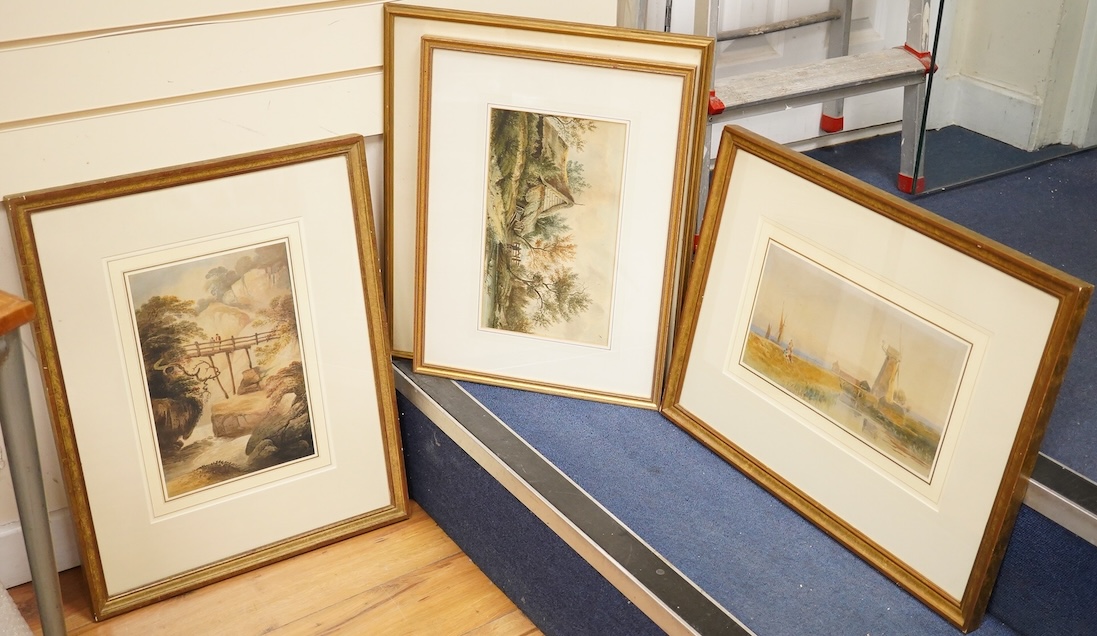 Four watercolours to include Wilmot Pilsbury, ‘On the Soar near Barrow Mill, Rutland’, Henry George Hine, ‘A Windmill by a Canal’ and Francis Nicholson, ‘Figures on a Bridge’, some with labels verso, largest 24 x 34cm